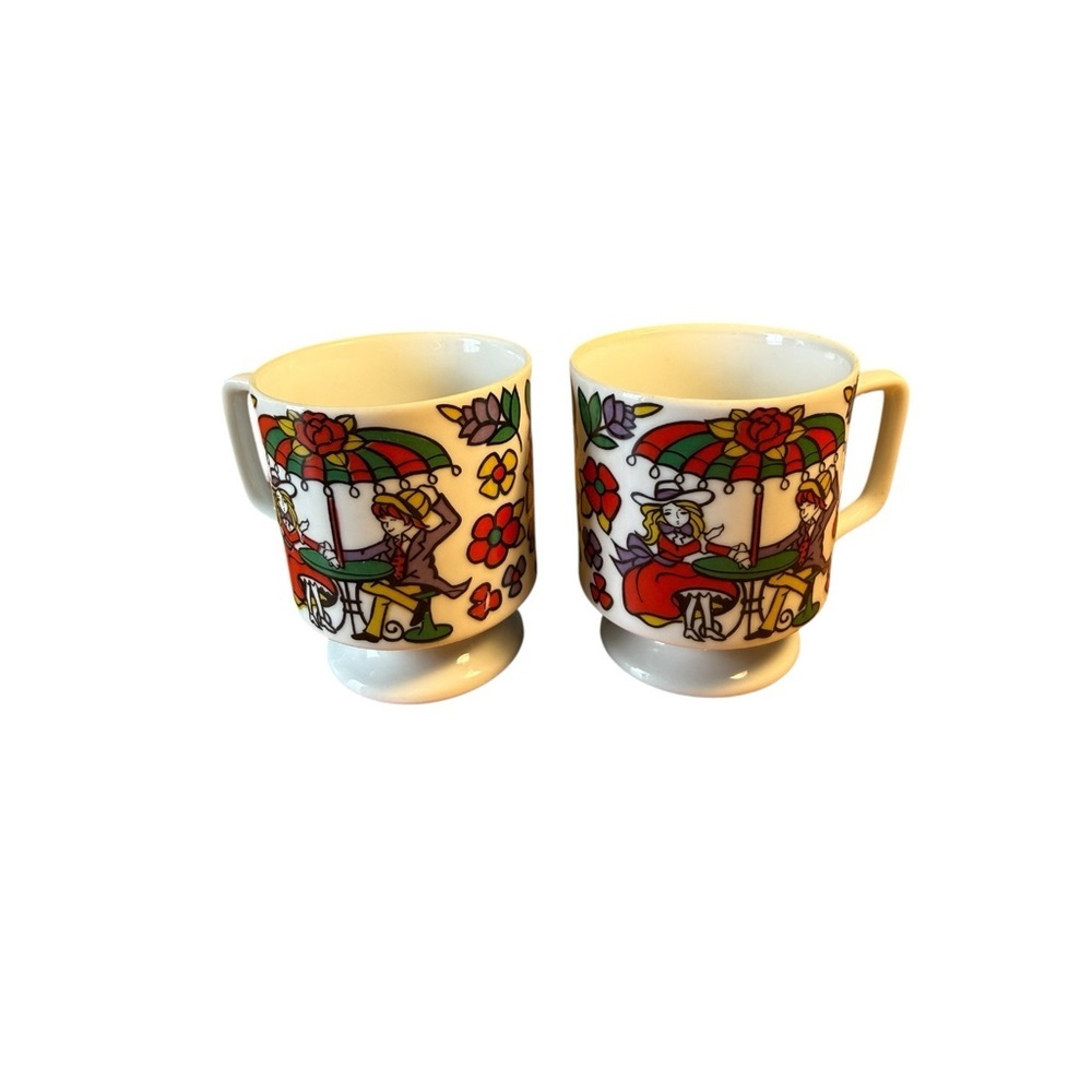 1960s Vintage Set 2 Enesco Psychedelic Floral Boy Girl Coffee Tea Mugs